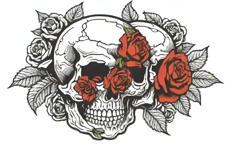 skull hand holding rose and handing it to normal hand tattoo design idea