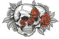 skull hand holding rose and handing it to normal hand tattoo design idea