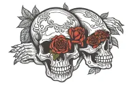 skull hand holding rose and handing it to normal hand tattoo design idea