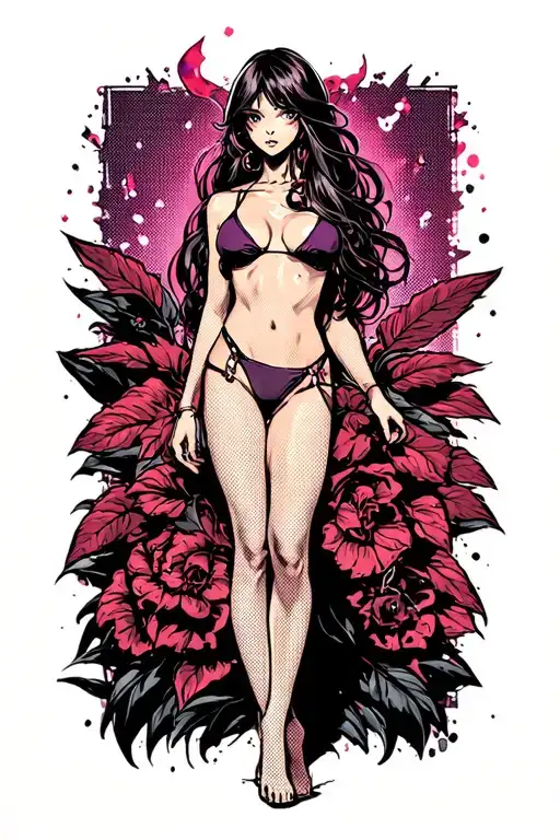 Sexy girl, petite, small boobs, wide hips, bikini . long hair,sexual. Seductive. Full Body, standing with legs and feet tattoo design idea