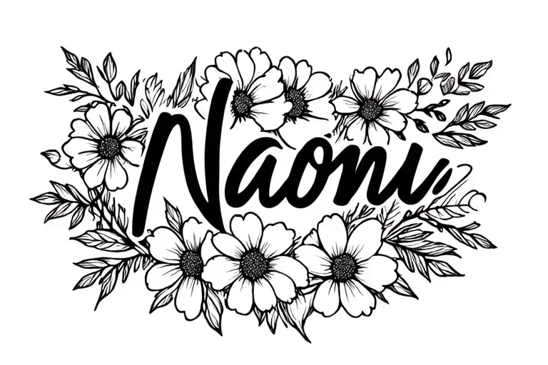 Naomi name written into flower surrounded tattoo design idea