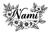 Naomi name written into flower surrounded tattoo design idea