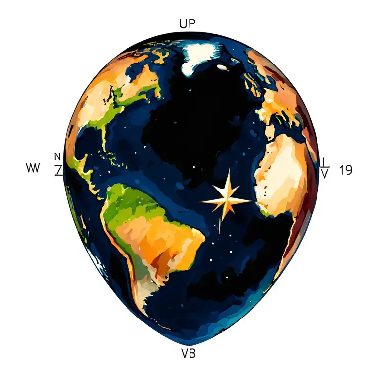 earth globe, a 3d compass star, Latitude 39.103118°N, Longitude 84.512020°W, and my birth date 08/16/1961 tattoo design idea