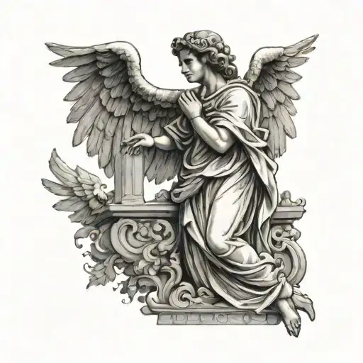 Crying praying angel looking up with large wings standing, ancient rome tattoo design idea