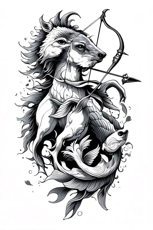 A majestic Sagittarius bow and arrow aiming at a school of Pisces fish tattoo design idea