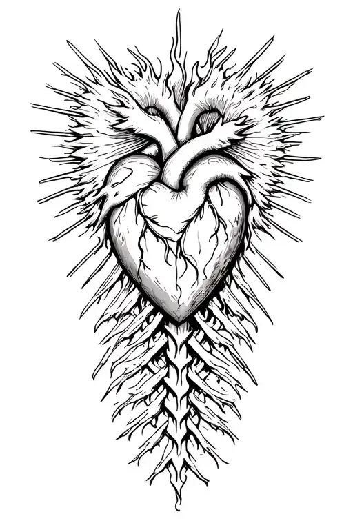 sacred heart and lines work that looks like fire on spine  tattoo design idea