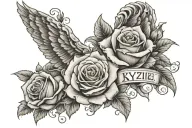 roses with angel wings and the name Kynzie Reign in calligraphy tattoo design idea