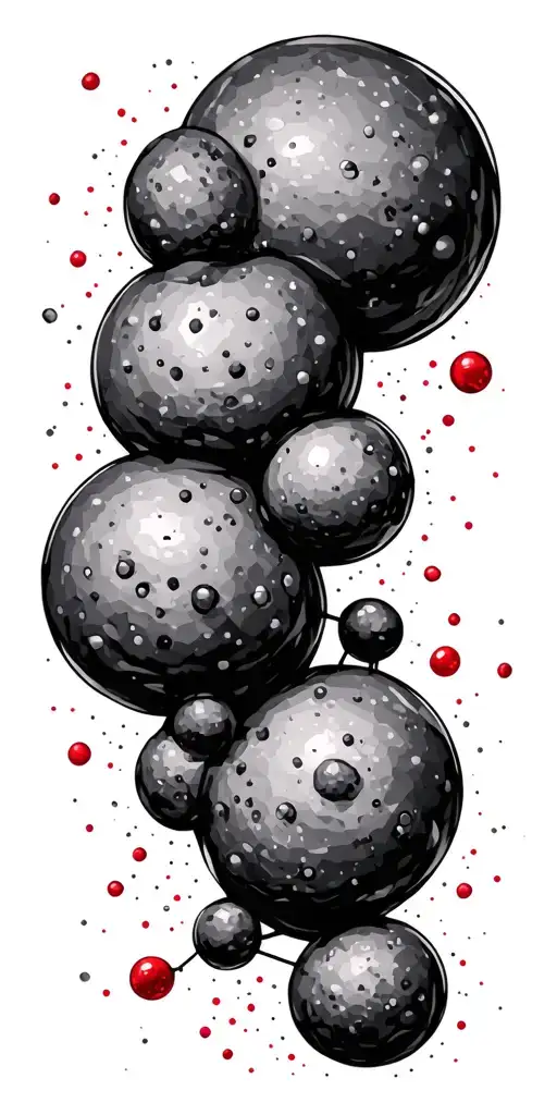 geometric chemical structure of hemoglobin, with small red color points and discreet asteroid on space tattoo design idea