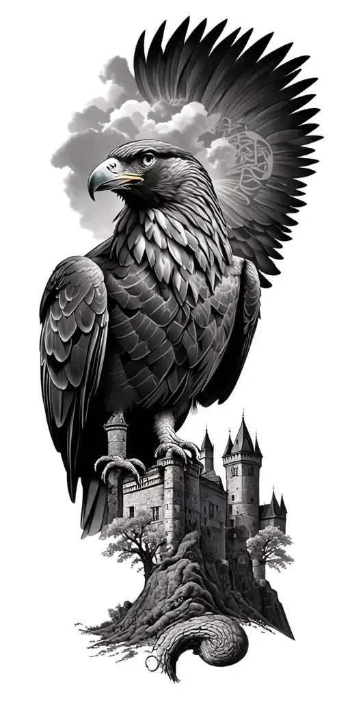 realism tattoo with harris hawk back drop of trees and scottish castle, blended into celtic knots ancient wemyss tartan tattoo design idea