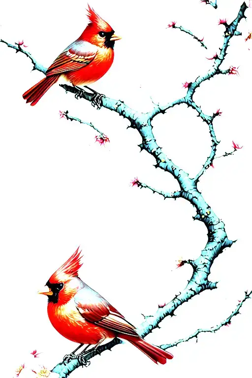 two cardinals perched on a single akebono cherry blossom branch, facing each other in an intimate pose tattoo design idea