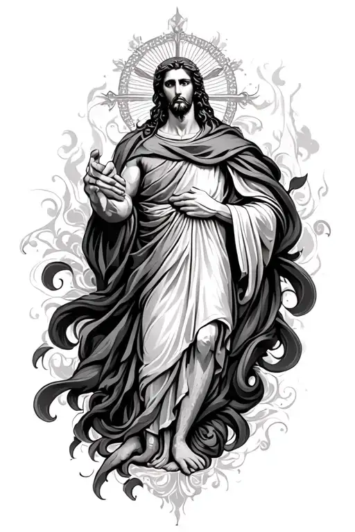 A small, highly detailed black and gray tattoo designed to run vertically along the spine, depicting God Himselfdescendi tattoo design idea