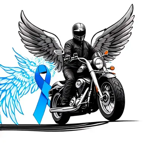 black Harley Davidson motorcycle riding up a blue cancer ribbon to heaven tattoo design idea