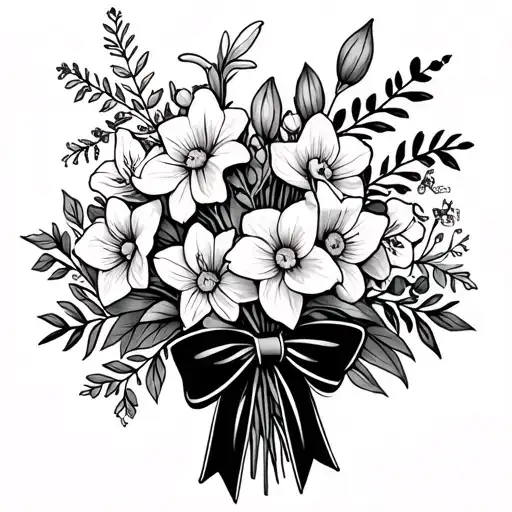 make a small, dainty black tattoo stencil of a bouquet with daffodils, larkspurs, gladiolus, and roses with a bow around tattoo design idea