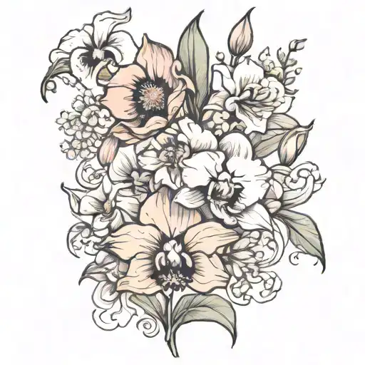 poppy, orchid, gladiolus, daisy, sweet pea flower tattoo design idea