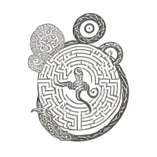 A surreal tattoo depicting a labyrinth with hidden esoteric symbols and philosophical concepts. Incorporate a snake  tattoo design idea