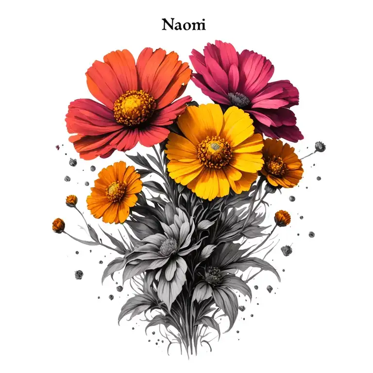 cosmos and marigolds with the name Naomi integrated  tattoo design idea