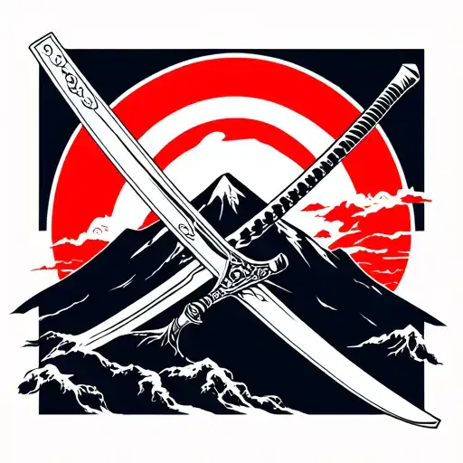 ninja swords mountain tattoo design idea