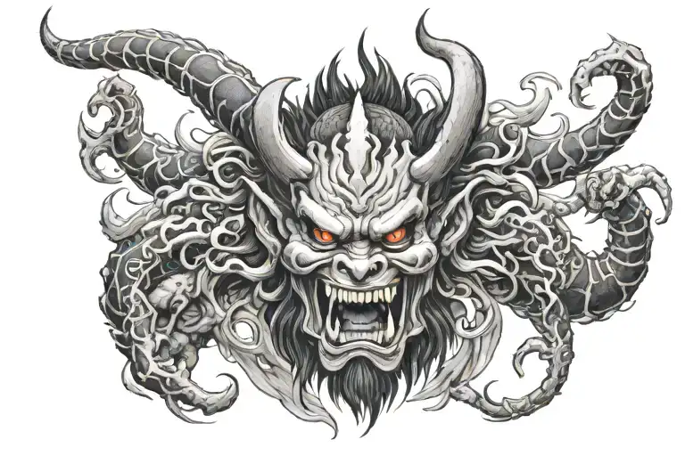 Japanese Oni Demon representing loneliness and insanity, with haunting features and swirling shadows. tattoo design idea