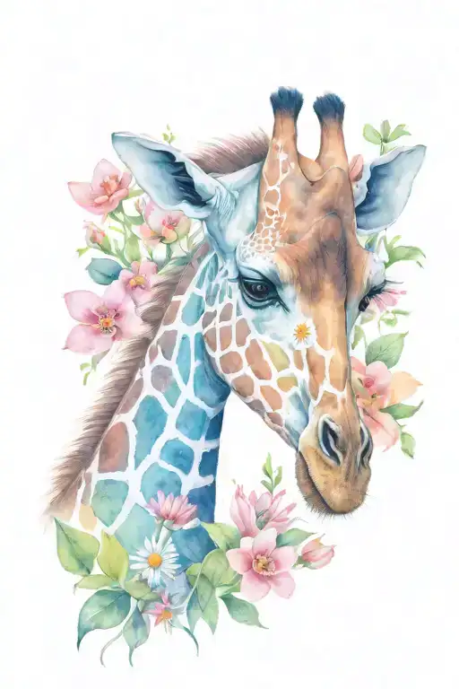 giraffe with ester, waterlillies and daisies tattoo design idea