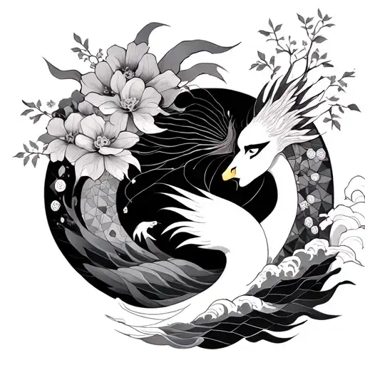 japanese gods amaterasu and tsukuyomi in a geometric style tattoo with waves and cherry blossoms and a swan tattoo design idea