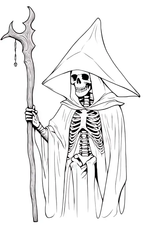 a skeleton in an executioner's hood, holding a wooden staff with an eye hanging from it tattoo design idea