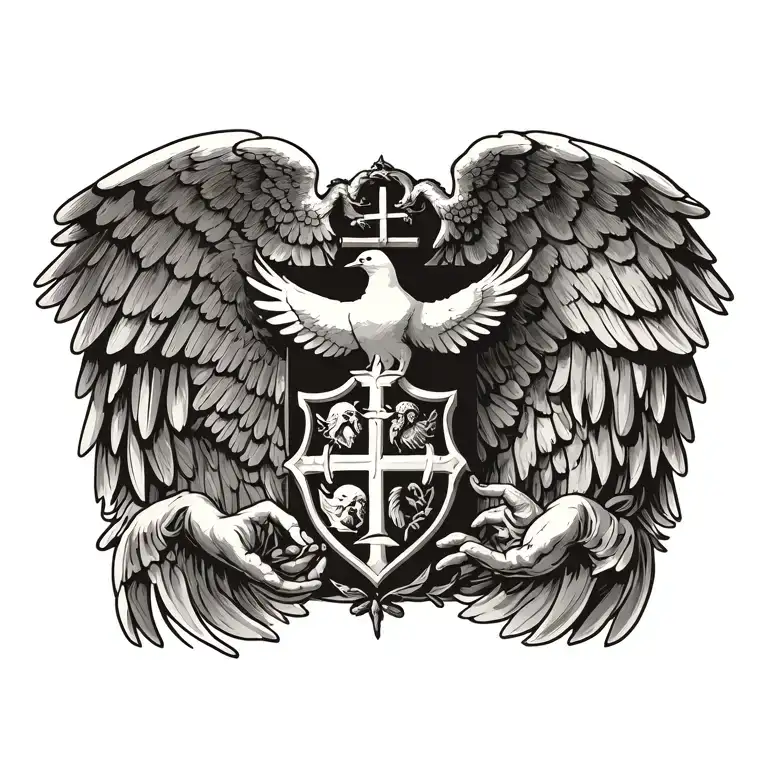 Coat of arms with pair wing of dove and cross and hand of god father on top tattoo design idea