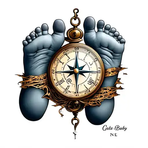 baby feet clock time piece compass and name forearm sleeve  tattoo design idea
