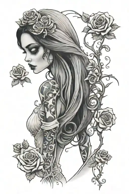 scenic view of corpse bride standing holding roses tattoo design idea