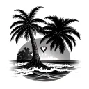 Palmtree on a sandy beach with waves crashing onto the sand and with a heartbeat in the wave and RIP PGF in the trunk of tattoo design idea