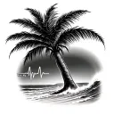 Palmtree on a sandy beach with waves crashing onto the sand and with a heartbeat in the wave and RIP PGF in the trunk of tattoo design idea