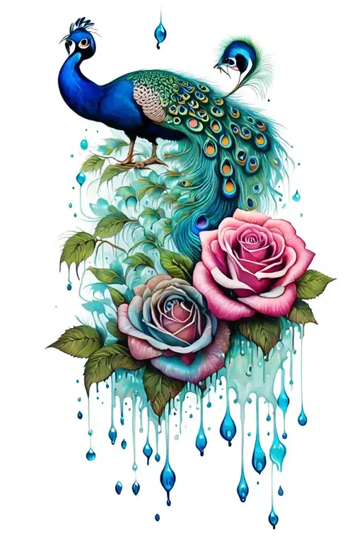 tim Burton inspired roses dripping tears flowing into a peacock tattoo design idea