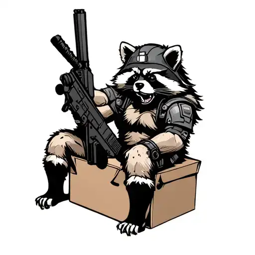 A raccoon in a helmet and body armor with a machine gun sits on a box with a cigar in his teeth tattoo design idea