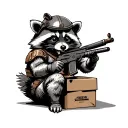 A raccoon in a helmet and body armor with a machine gun sits on a box with a cigar in his teeth tattoo design idea