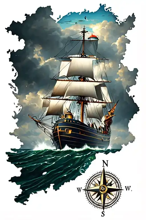 map of punjab, ship sailing through stormy, lighthouse, compass, family related tattoo design idea