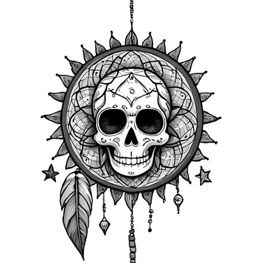 Dream Catcher, Sun, Moon, Stars, Candy Skull tattoo design idea