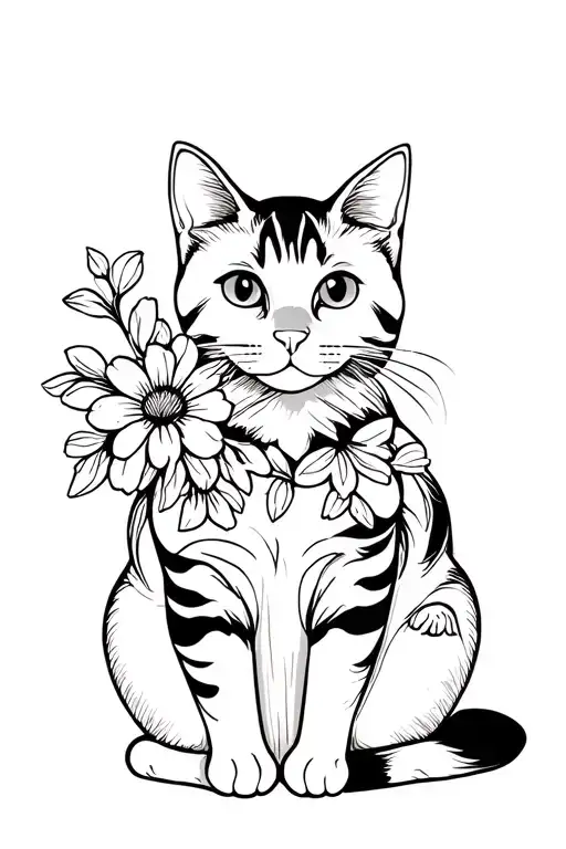 cat and spring little Flowers tattoo design idea