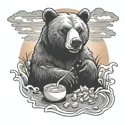 bear eating cornflakes in the sunset tattoo design idea