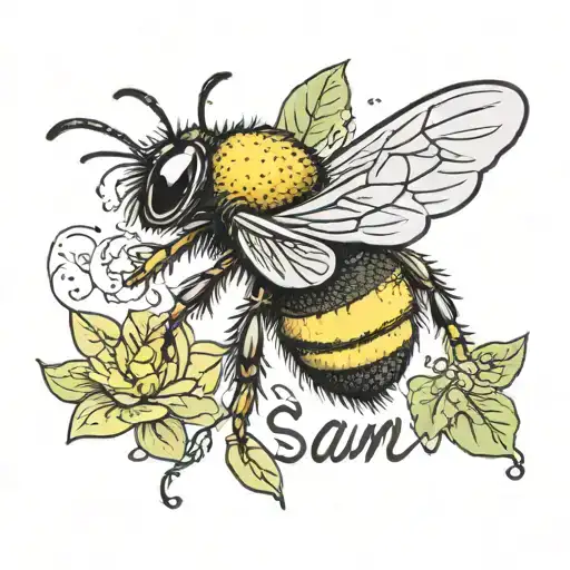 a cute bumblebee with the name Sam written on the back of the bee in black writing on the yellow stripe  tattoo design idea