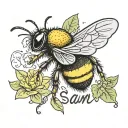a cute bumblebee with the name Sam written on the back of the bee in black writing on the yellow stripe  tattoo design idea
