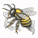 a cute bumblebee with the name Sam written on the back of the bee in black writing on the yellow stripe  tattoo design idea