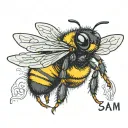 a cute bumblebee with the name Sam written on the back of the bee in black writing on the yellow stripe  tattoo design idea