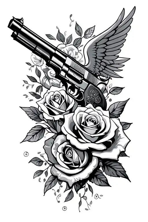 Design a tattoo wich includes the following items and styles. Gun, Handcufs, Angel, Devil, Roses, Love, Mom and Lady,  tattoo design idea