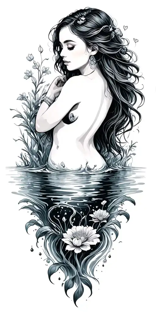 Lifestory of rebirth from partying and adventure to now loving family life and steeling down with husband. Love of water tattoo design idea