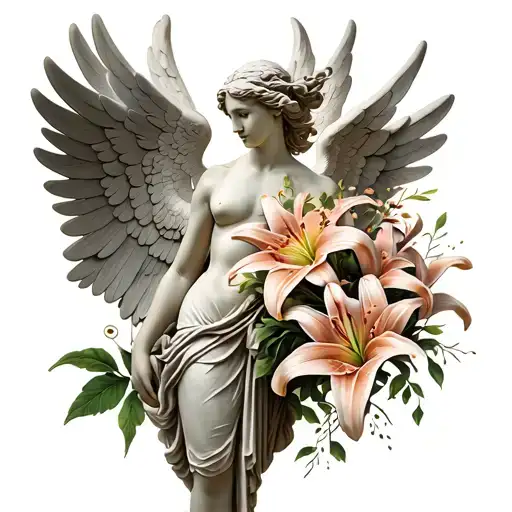 Nike of Samothrace with wings with lily flower bouquet tattoo design idea