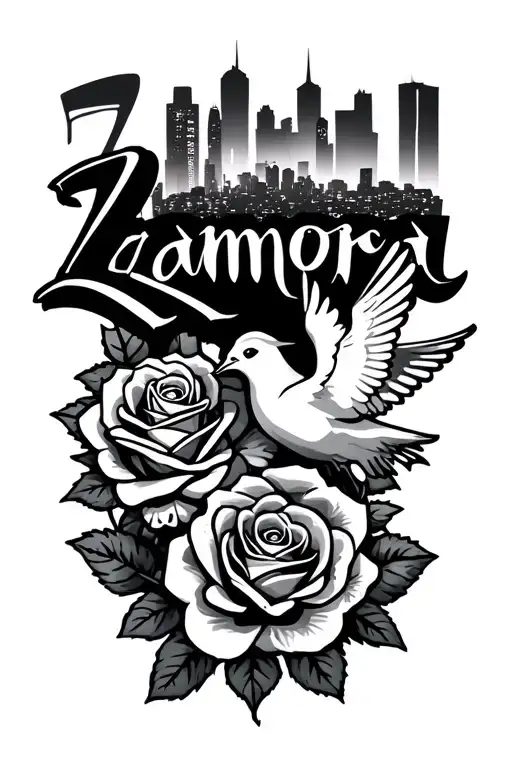 Chicano cursive "Zamora" with 2 roses, 2, dove with the dallas skyline in the back tattoo design idea