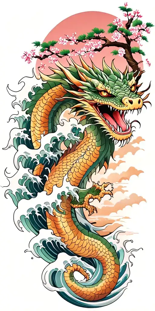 A fierce dragon emerging from the ocean waves and cherry blossom trees in the background tattoo design idea