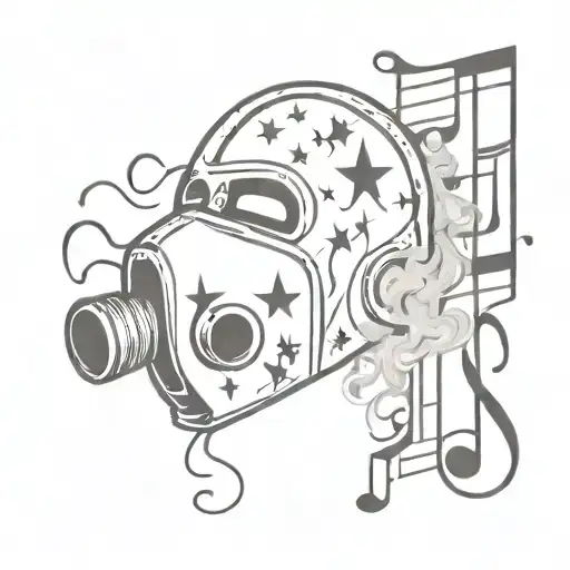 black and white American flag welding mask surrounded with smoke and music notes  tattoo design idea