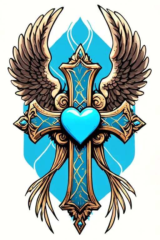 light cool cross with a blue heart in the center of the crossing and 2d angel wings behind. simple, not too much tattoo design idea