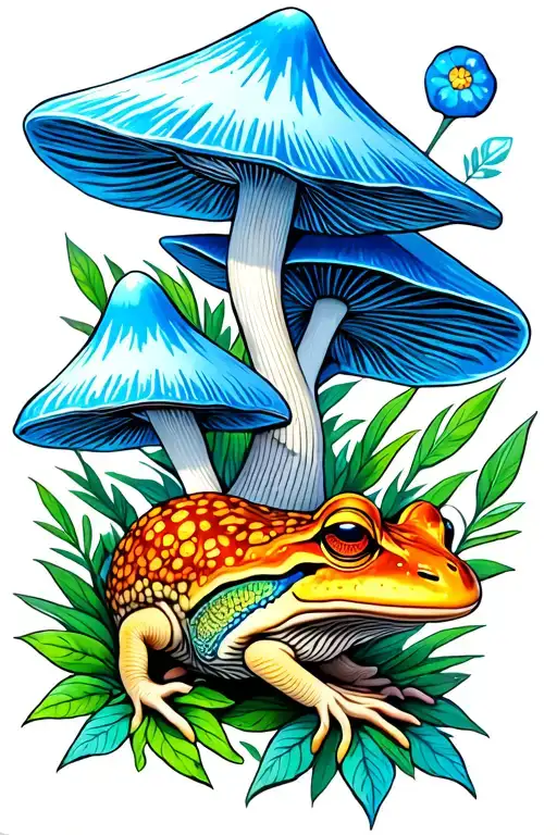 pointy white blue psilocybin mushrooms with ayahuasca and toad tattoo design idea