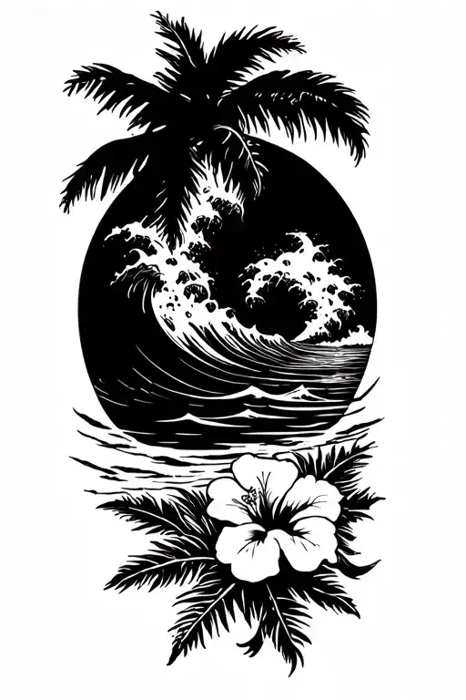 ocean waves crashing on beach with palm and hibiscus vine on bottom right tattoo design idea